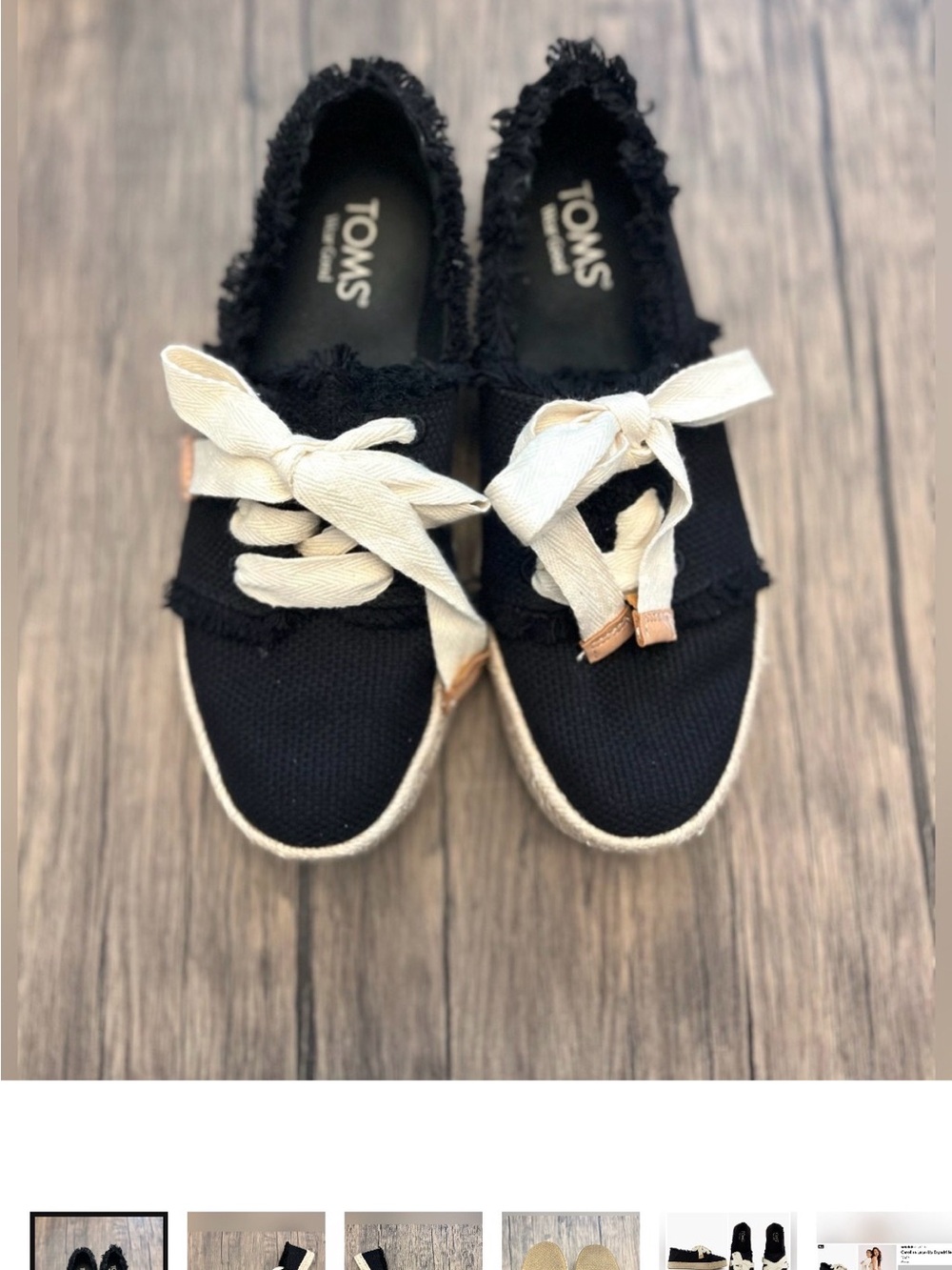 Toms Black Canvas Carolina Espadrille Lace Up with Cream Ribbon Accent
